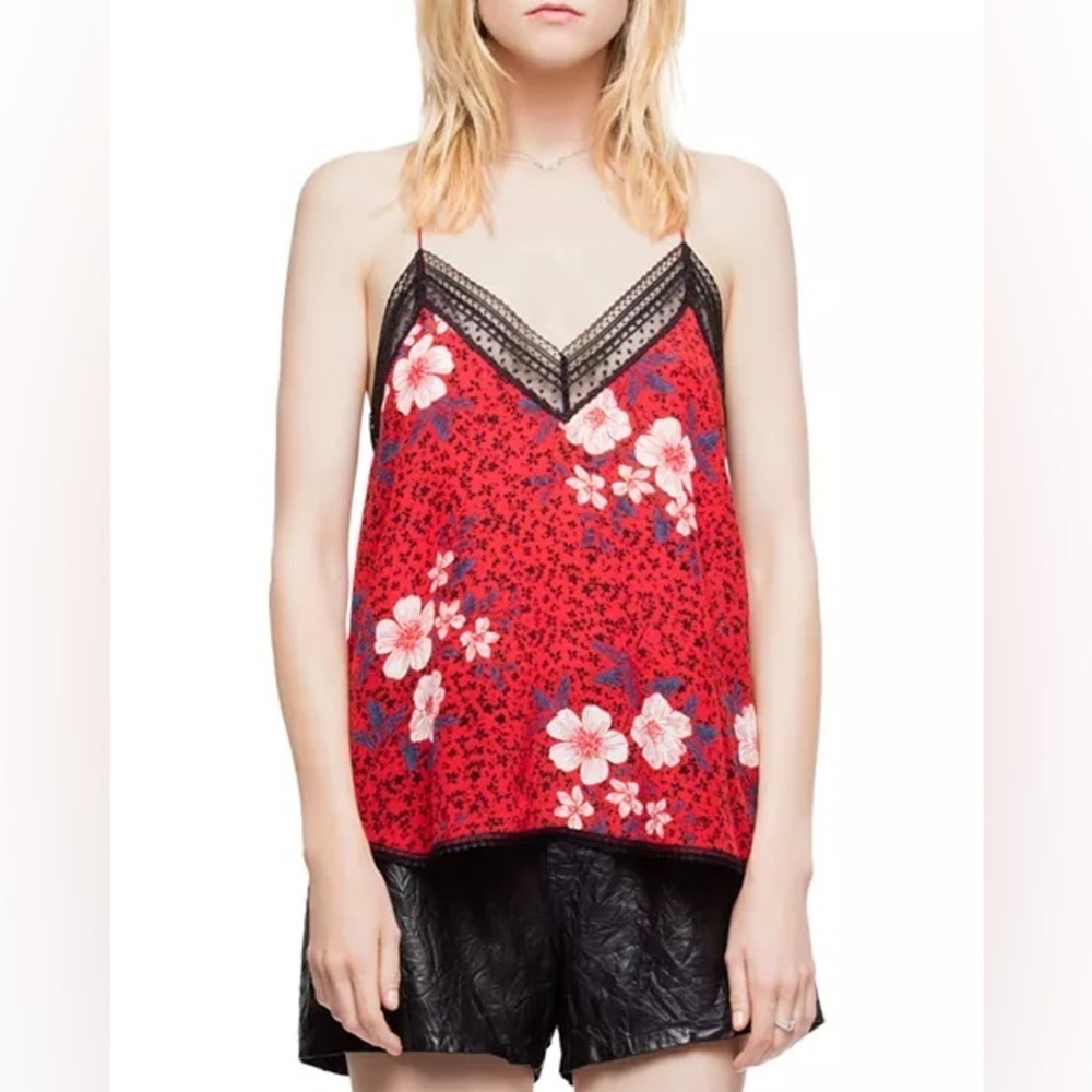 Zadig & Voltaire Christy Pensee Silk Floral Lace Trim Camisole